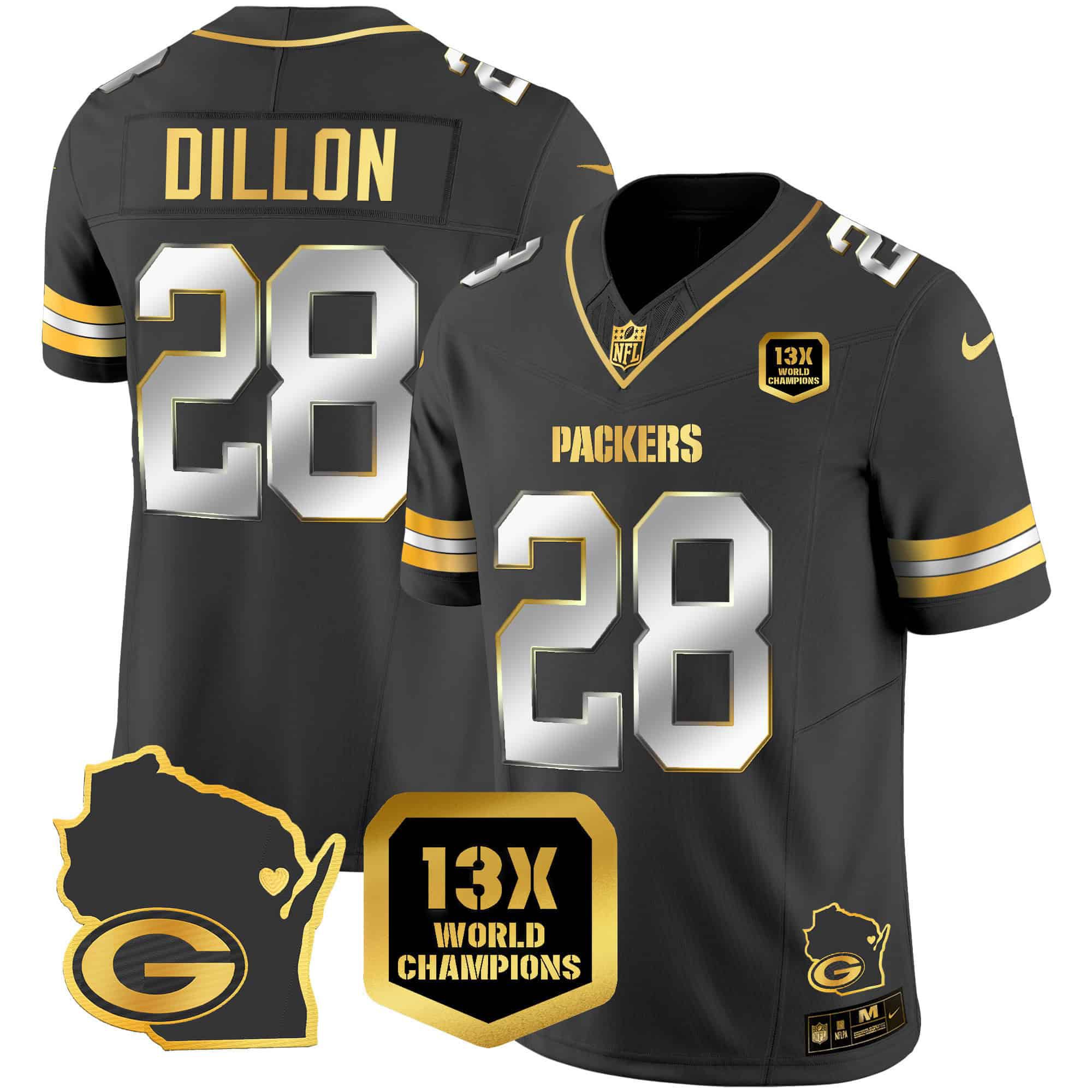 Men Green Bay Packers 28 Dillon Black Gold 2024 Nike World Champions Home Patch Vapor NFL Jersey style 1